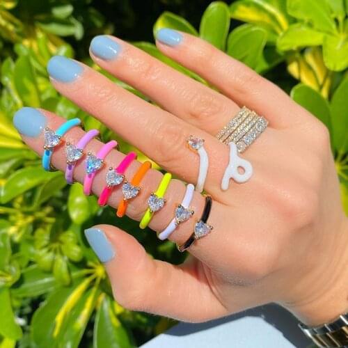 Single Clear Heart Shaped Cubic Zirconia CZ 2021 Summer Hot Selling Neon Enamel Colorful Open Adjusted Women Finger Ring