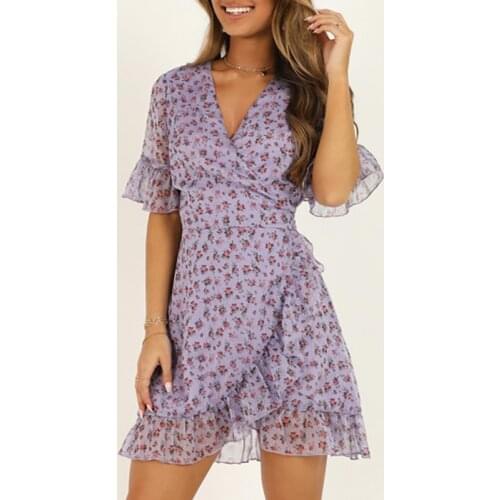 2020 Brand New Women Summer Chiffon Short Sleeve Dress V Neck High Waist Bandage Ruffles Mini Short Dress Party Evening Vestidos