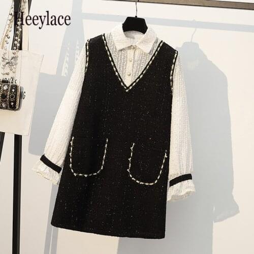 Plus Size Women Sweet Beading Dress Autumn 2020 Turn-down Collar White Long Sleeve Patchwork Tweed A-Line office Mini Dresses