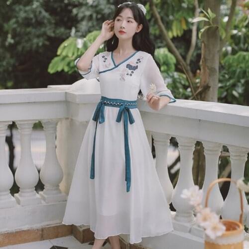 Chiffon Embroidery Robe Femme Retro Hanfu Improved V-neck Summer Gentle Dress Blue Bowknot Cute Sweet Vestidos
