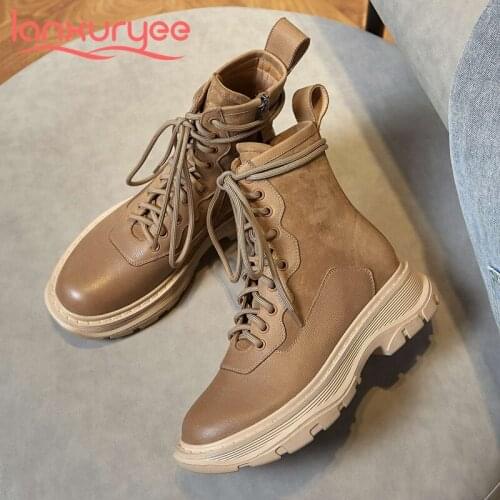 Lanxuryee genuine leather round toe thick bottom riding boots patchwork vintage fashion wild hot sale leisure ankle boots L30