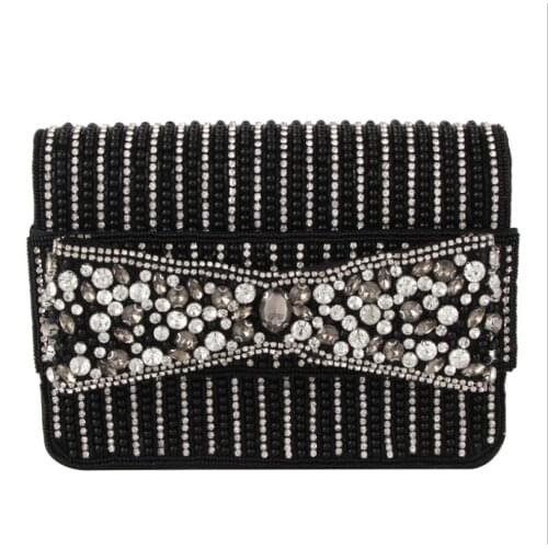 BLACK Color Women Pearl beaded Clutch Bags Evening Bag Metal Hard Case Designer Rhinestone Minaudiere Handbag Purse Clutches