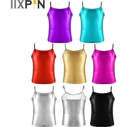 Kids Girls Spaghetti Shoulder Straps Shiny Metallic Dance Tank Top Stage Performance Dancewear Gymanastics Ballet Camisole Tops