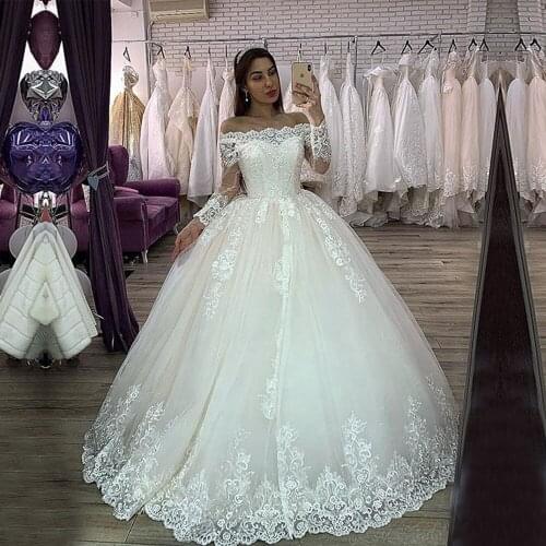 Dubai African Luxury White Lace Appliques Princess Women Bride Wedding Dresses Off Shoulder Boat Neck Bridal Gown Custom Made