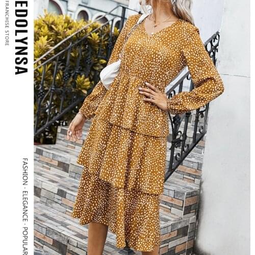 Office Lady Elegant Dress Lantern Sleeve High Waist Printed Dress Midi Dress Spring/Autumn Women Dresses A-line Cake Skirt Y63