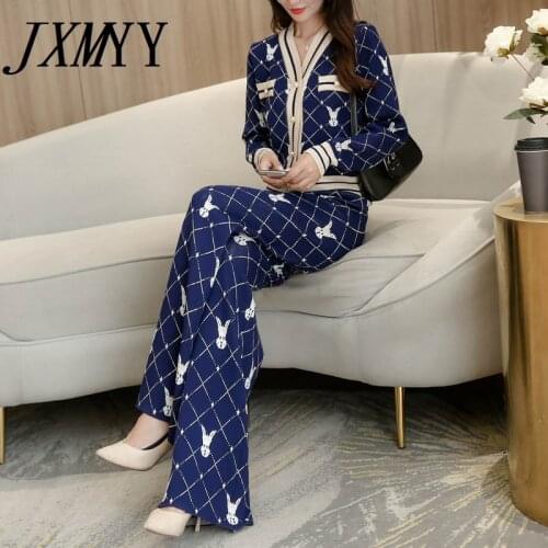 JXMYY 2021 Autumn And Winter New Ladies Fashion Casual Suit Jacket Trousers Two-Piece Knitted Cardigan Trousers Thickened