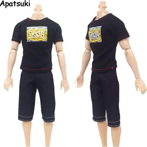 Handsome Casual Wear Clothes For Ken Boy Doll Black T-Shirt + Jeans Pants Short For Barbies Boyfriend Ken Male Doll Clothes