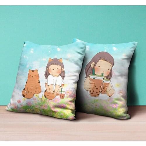 Kawaii Lazy Girl Milk Tea Pillowcover 45cm Cartoon Pillow Case Kids Bedroom Decoration Sofa Cushion Cover Gift No Pillow Insert