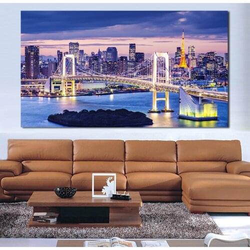 JQHYART Skyscrapers Bay Bridge Illumination Wall Pictures For Living Room Canvas Art Home Decor Modern No Frame Oil Painting