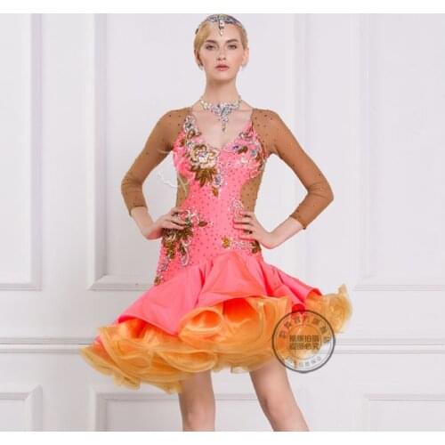 New patchwork orange pink tutu long sleeve back mesh Rumba cha cha salsa tango Latin dance competition dress Rihinestone