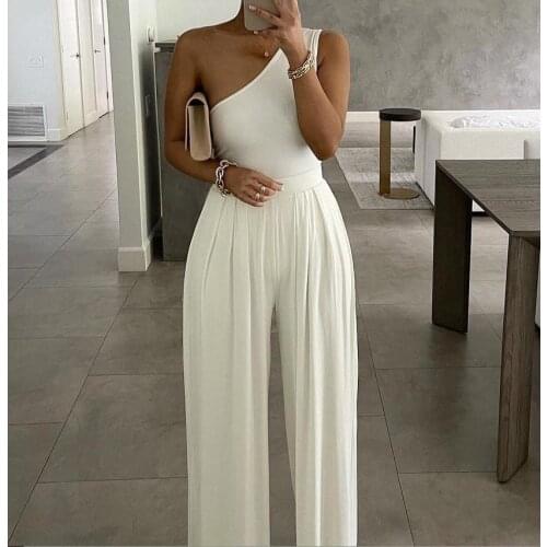 VAZN 2021 New Parity Solid Chiffon Sexy Vacation Young Tank Sleeve One Off Shoulder Womens High Waist Wide Leg Jumpsuits
