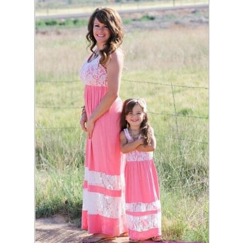 Mother And Daughter Family Matching Dress Lace Stitching Dresses Girls Kids Clothes Long Vestidos Dresses Mommy And Me Outfits