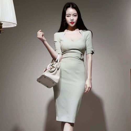 New arrival fashion party dress women elegant summer square collar five sleeve simple office lady temperament slim pencil dress