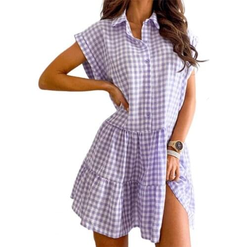 Women Dress Short Sleeve Plaid Stitched Ruffle Hem Buttons Loose Mini Dress Streetwear for Summer