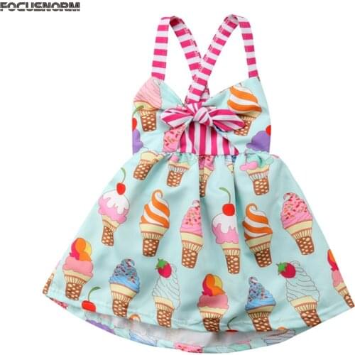 New Fashion Print Ice-cream Kids Baby Girls Dress Party Princess Backless Strap Dress Sundress Clothes