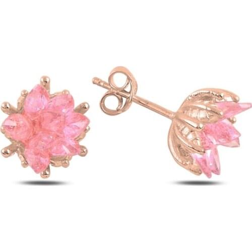 Silver 925 Sterling Lotus Blossom Pink Zircon Stone Studded Earrings
