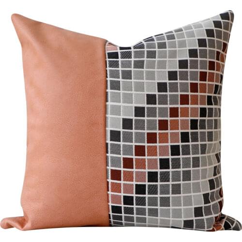 Fabric stitching leather pillow Houndstooth sofa Decor cushion cover Mosaic pillowcase Car lumbar pillow 45x45cm Jacquard pillow