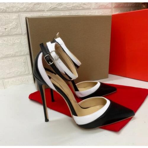 Sexy lady fashion women Pumps Black white stripe leather strappy pointy toe stiletto stripper High heels shoes large size 44