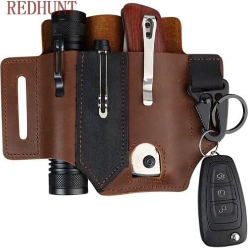 Outdoor EDC Leather Sheath Pocket Multifunction Portable Tool Storage Bag Tactical Flashlight Case for Hunting Camping