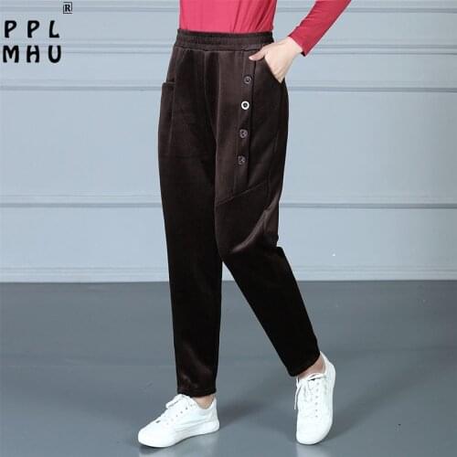 Casual Solid Color Corduroy Harem Pants Women Loose Brown Button Patchwork Trousers Elastic High Waist Mom Pants Female Joggers