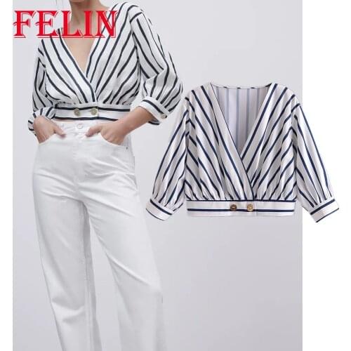 FELIN Za Striped Print Office Lady Blouse Deep V Neck Sexy Cropped Tops Mujer Summer Fashion 2021 Button Elegant Mujer Blusas