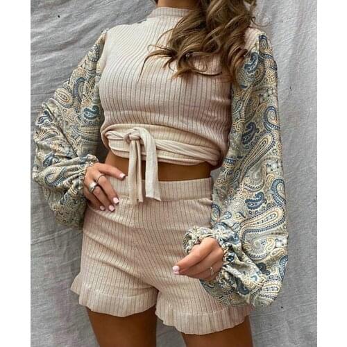 Women Fashion Round Neck Outfits Ruffles Top+Elastic High Waist Shorts Slim Printed Stitching Long Lantern Sleeve Two-Piece Suit