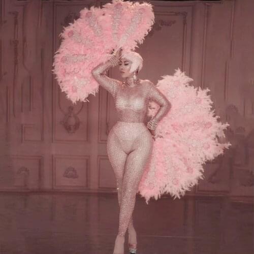 Woman Sexy Stage Nightclub Pink Rhinestones Jumpsuit Sexy Rompers Stage Wear Birthday Wedding Celebrate Stretch Outfit