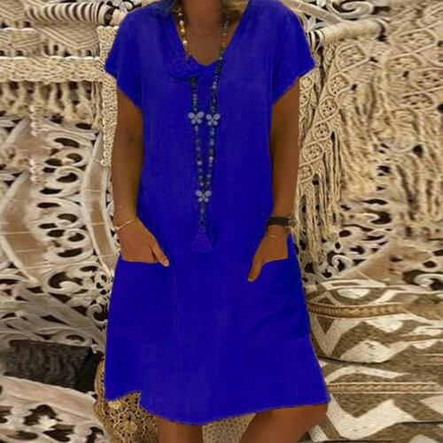 2021 Blue Beach Skirt Hot Style Party Short-sleeved Midi Skirt Summer V-neck Pocket Loose High-quality Cotton Womens Dress