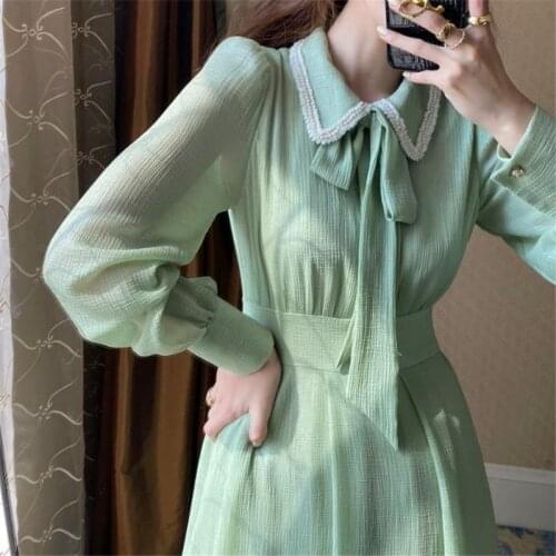 Dresses For Women 2021 Autumn Streamer Green Pearl Lace Long Sleeve Doll Collar Dress Robe Femme Eté Vestidos Verano