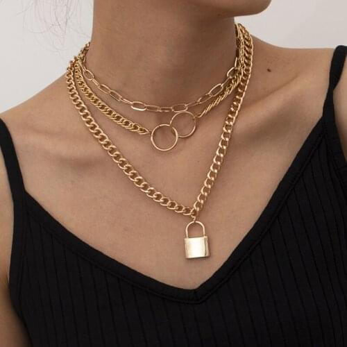 Punk Vintage Thick Chains Round Circle Lock Pendant Necklace for Women Multilayer Geometric Necklace Pendants Jewelry Kolye