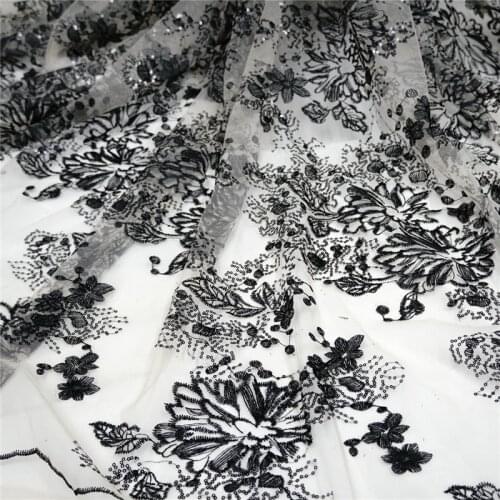 1 Yard French Nude Tulle lace Fabric Black Embroidery Flowers Sequined Lace Fabric For DIY Sewing Evening Dress Party Gown