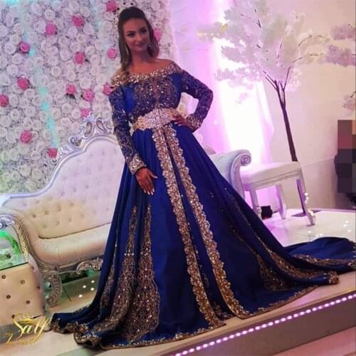 Glitter Royal Blue Dubai Muslim Ball Gown Bridal Dresses Elegant Off Shoulder Beaded Wedding Formal Gowns Custom Made Plus Size