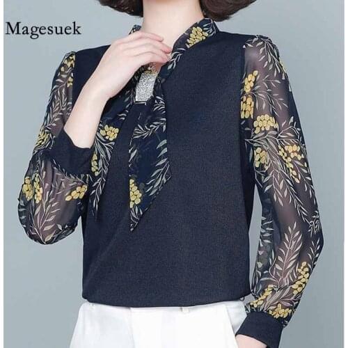Plus Size Women Blouse Women 2020 Autumn Bow Printed Cotton Women Shirts New Fashion Loose Vintage Long Sleeve Top Blouses 11582