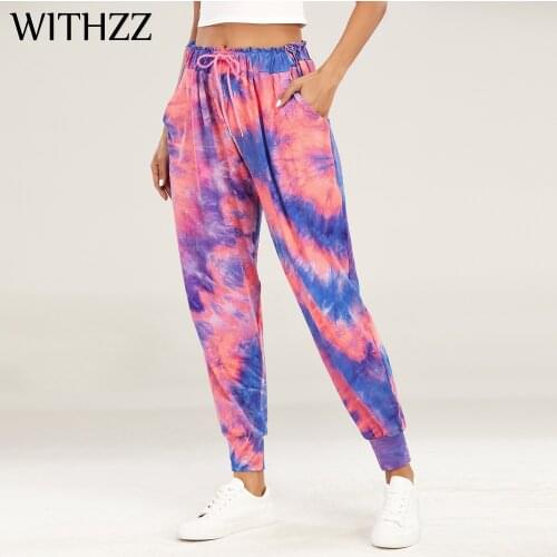 WITHZZ Spring Autumn Trousers Womens Loose Tie-dye Casual Elastic Waist Female Pants