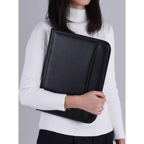 PU Leather Folder Document Durable Multifunctional Professional Business Zippered Folder with Business Card Holder