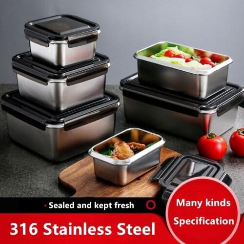 316 Stainless Steel Fresh-Keeping Box Lunch Box Sealed Food Pickle Box Rectangular Storage Box Kitchen Refrigerator Storage Box