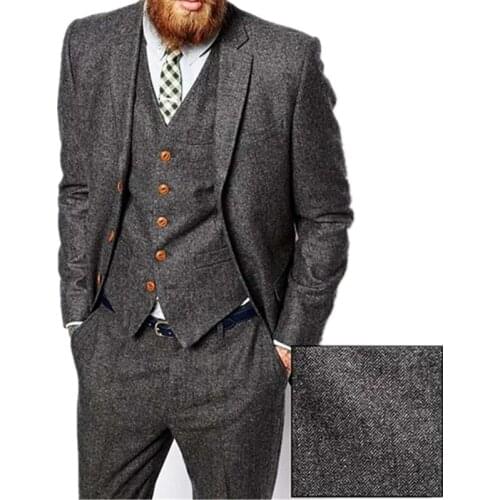 Grey Herringbone Tweed Men Suit Vintage Fall Winter Groom Tuxedo Ternos Formal Wedding Suits For Men 3 Piece Mens Classic Suit
