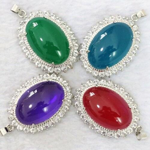 Charms semi-precious chalcedony stone 30x40mm 4colors oval pendant rhinestones elegant women jewelry accessories B1105