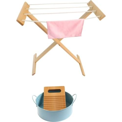 Montessori Homeschooling Practical Materials Washing Clothes Working Wooden Washboard/ Hanger and Tub Kids Basic Skill Learning