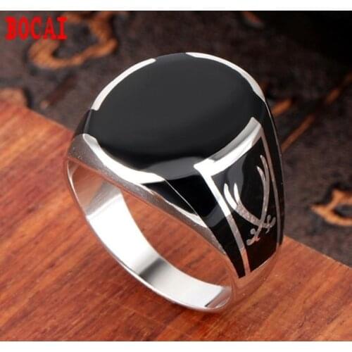 Real S925 pure silver men ring black agate gemstone fashion ring for man