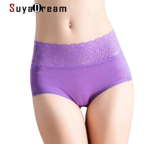 SuyaDream Women Panties 100% Natural silk and Lace Pantie High-rise Briefs Blue Pink Everyday wear Comfortable Underwear