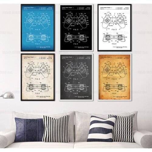 Vintage Playstation Controller 1998 Patent Art Blueprint Gaming Poster Canvas Painting Print Wall Decor Living Home Art