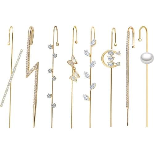 Ear Wrap Earrings Elegant Crystal Craved Gold-tone Crawler Hook Earrings Classic Rhinestone Piercing Ear Cuff for Women