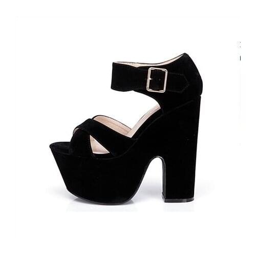 Women wedding shoes peep toe 15 cm square heels buckle strap 7 cm platform lace-up bridal sweet sandals black red apricot