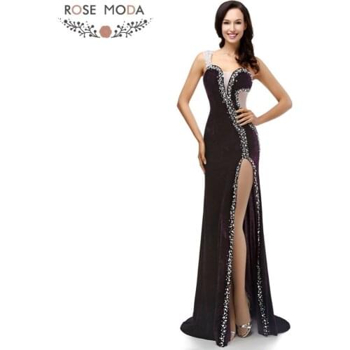 Rose Moda One Shoulder Black Velvet Evening Dress Floor Length Formal Evening Dresses with High Slit Crystal Party Dress 2019