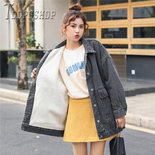 2019 Autumn Winter New Lining With Imitation Lambswool Women Denim Coat Lapel Female Jacket