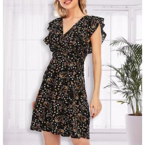 2021 New Women Dress V Neck Ruffle Printed Summer Sleeveless V Neck Dress for Working Beach Dresses Ladies Sundress Vestidos