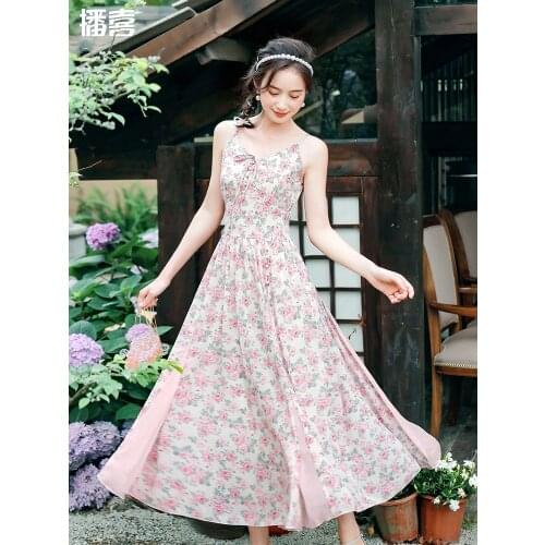 TIYIHAILEY Free Shipping 2021 New Boshow Summer High Waist Long Maxi S-L Chiffon Print Dress Sleeveless Spaghetti Strap Pink