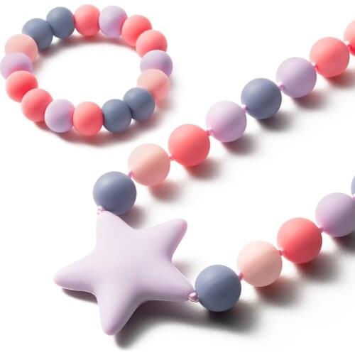 2Pcs/set Pink Purple Silicone Beads Sensory Chew Necklace Bracelet Teether Toy Chewable Jewelry Teething Birthday Gift for Baby