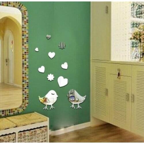 2014 hot lovely small bird mirror sticker for kids room deco, 3D acrylic decorative wall mirror sticker